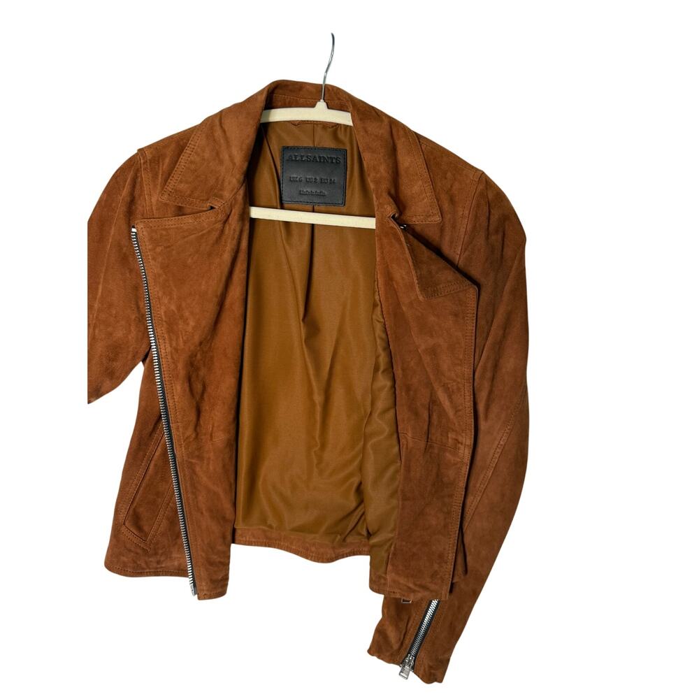 AllSaints Suede Moto Jacket Womens US 2 Brown Leather Zip Biker Coat - Picture 4 of 7